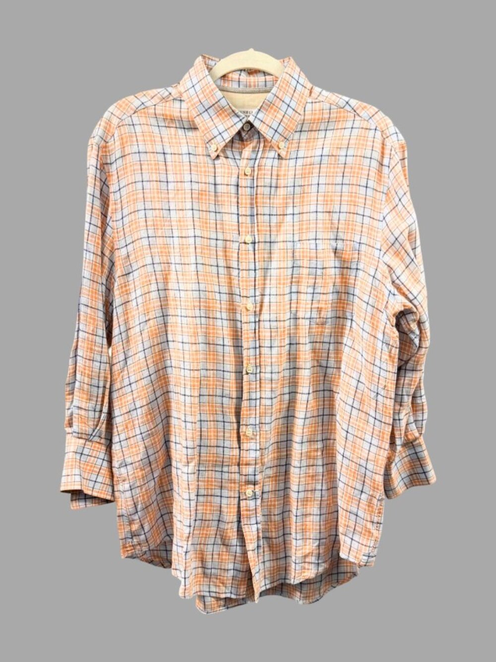 BRUNELLO CUCINELLI Orange Light Blue Linen Plaid Button Down Shirt Sz L